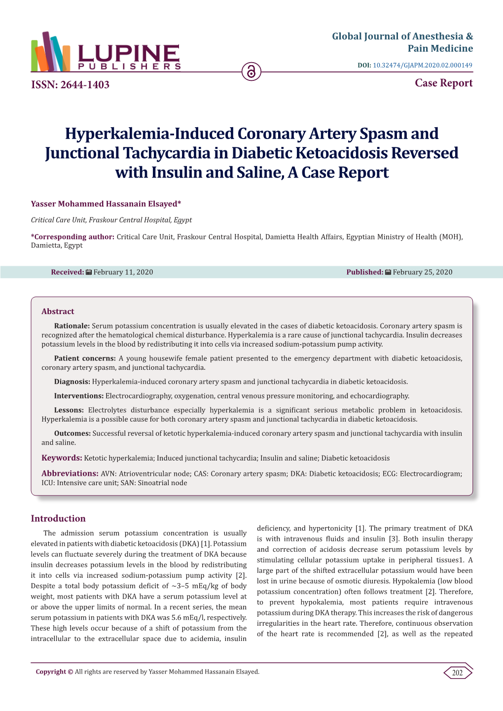 Hyperkalemia-Induced Coronary Artery Spasm and Junctional Tachycardia in Diabetic Ketoacidosis Reversed with Insulin and Saline, a Case Report