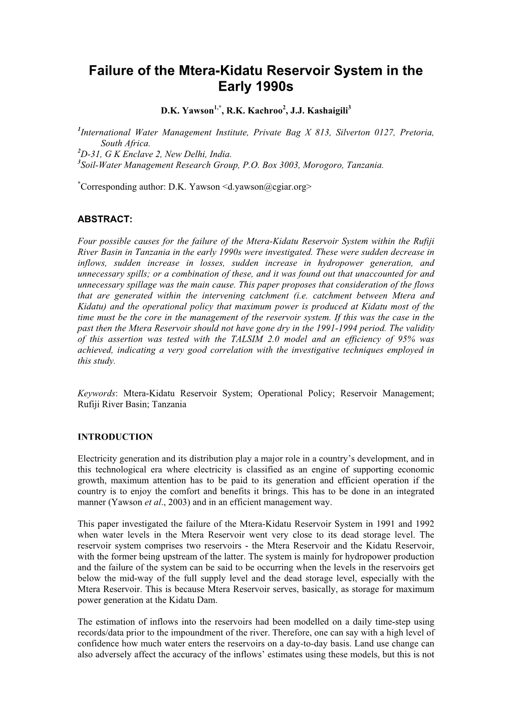 Failure of the Mtera-Kidatu Reservoir System in the Early 1990S