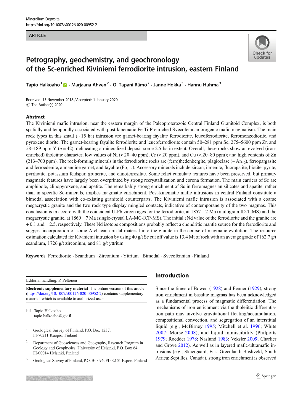 Petrography, Geochemistry, and Geochronology of the Sc-Enriched Kiviniemi Ferrodiorite Intrusion, Eastern Finland