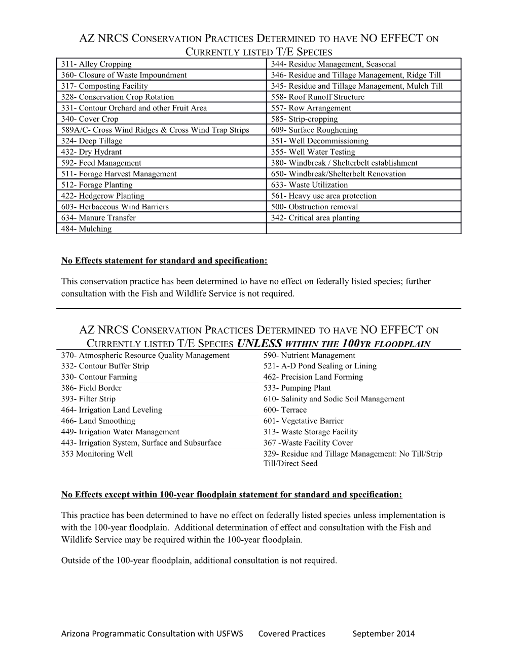 No Effects Statement for Standard and Specification