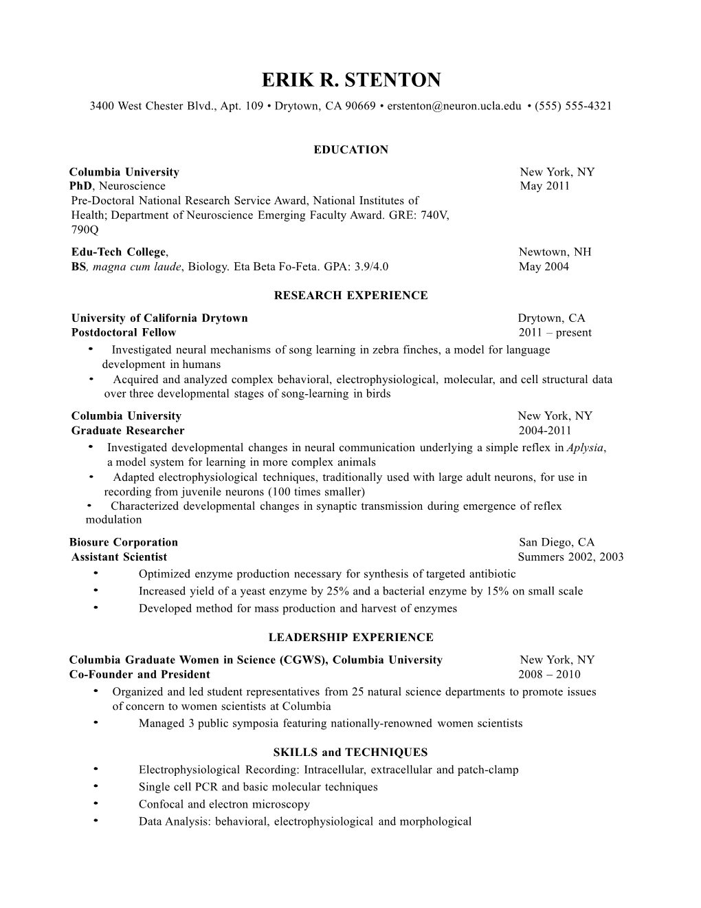 Neuroscience PHD CV Example