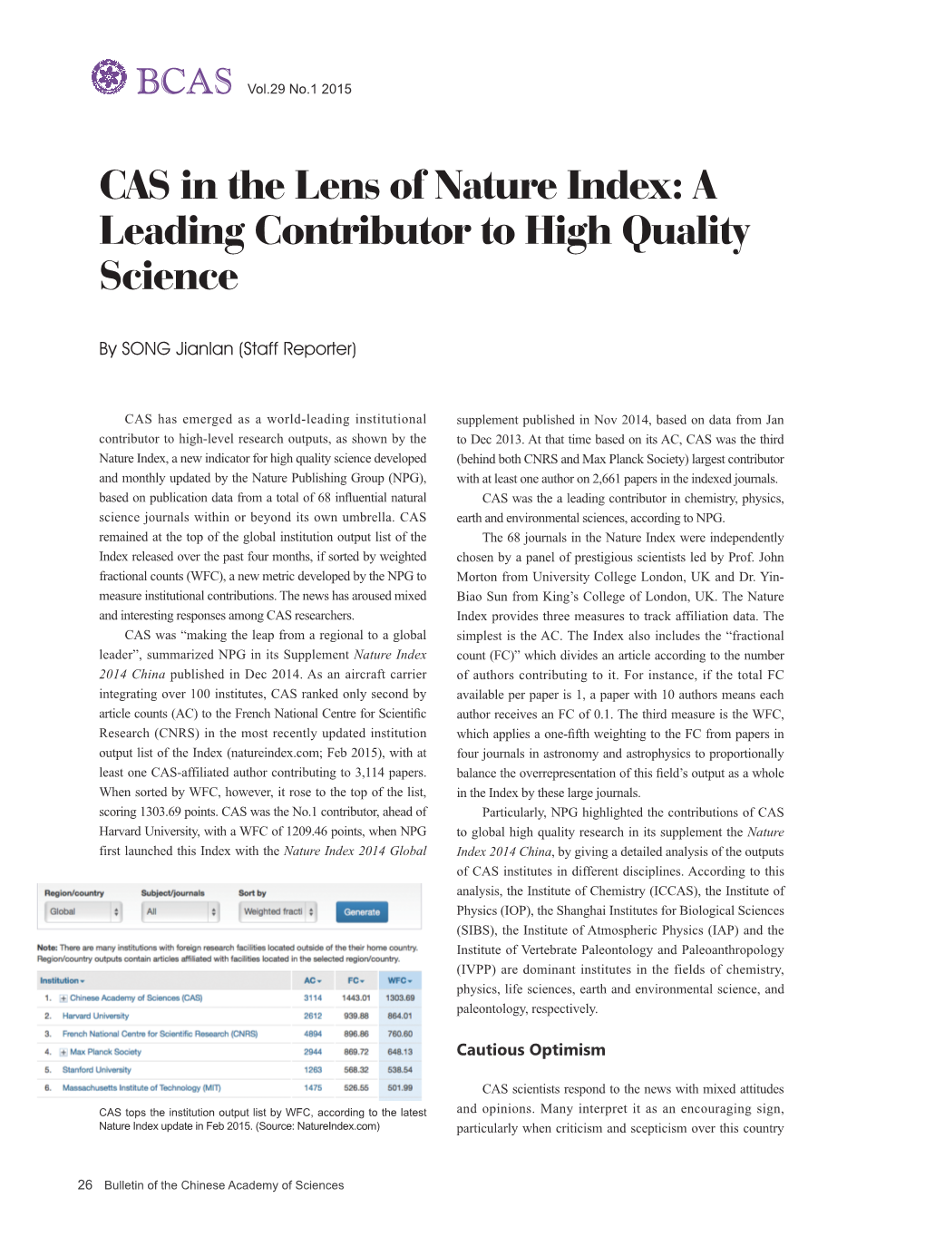 CAS in the Lens of Nature Index: a Leading Contributor to High Quality Science