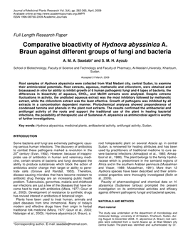 Comparative Bioactivity of Hydnora Abyssinica A. Braun Against Different Groups of Fungi and Bacteria