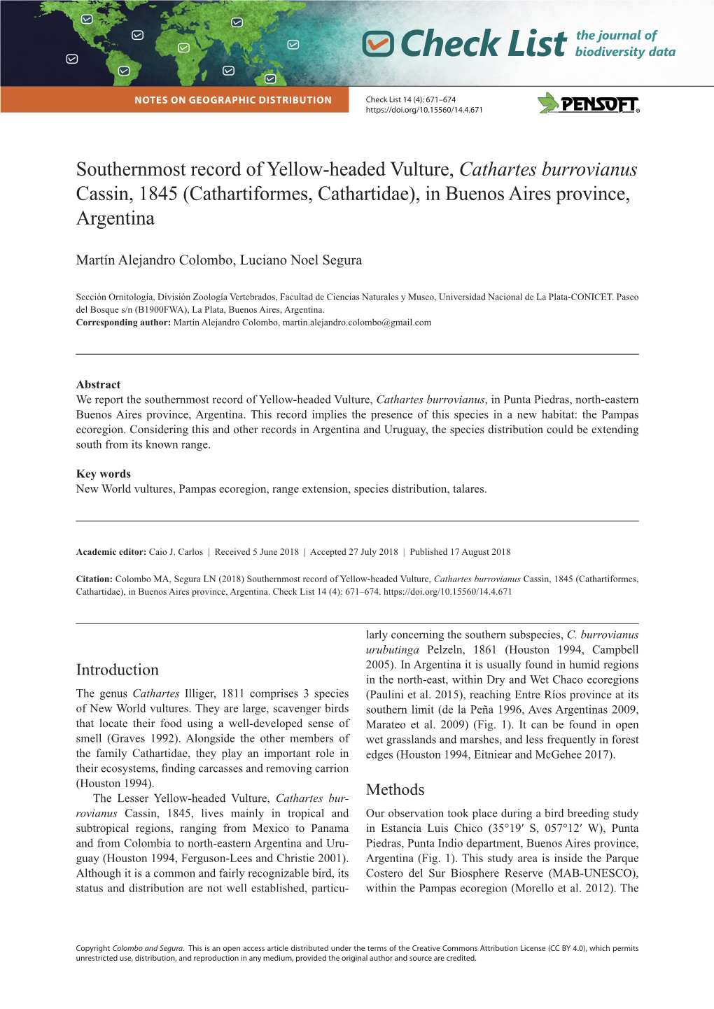 Southernmost Record of Yellow-Headed Vulture, Cathartes Burrovianus Cassin, 1845 (Cathartiformes, Cathartidae), in Buenos Aires Province, Argentina