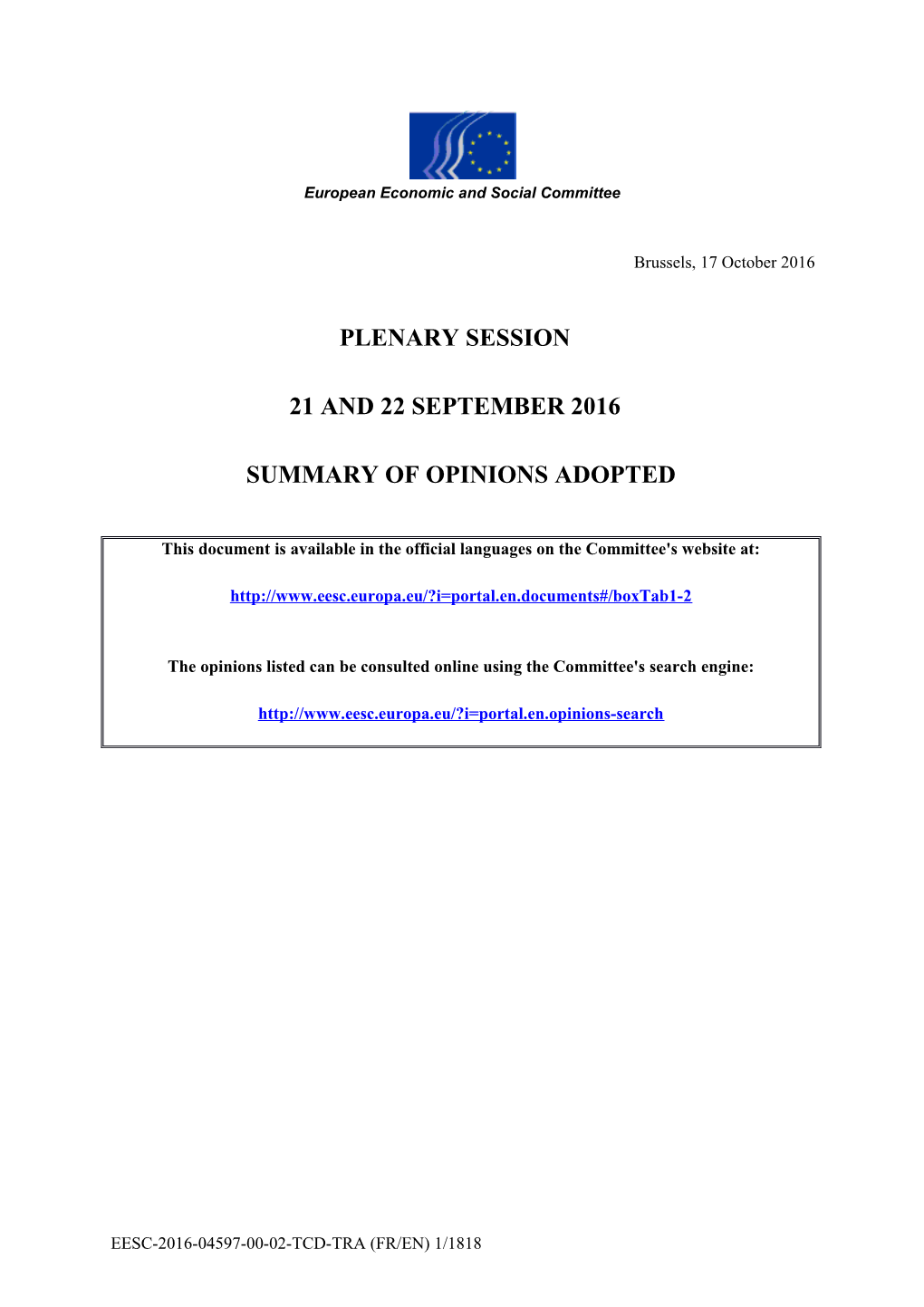 Summary of Opinions Adopted September Plenary Session