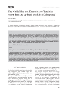 The Nitidulidae and Kateretidae of Sardinia: Recent Data and Updated Checklist (Coleoptera) *