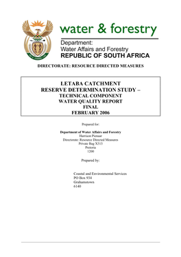 Letaba Catchment Reserve Determination Study – Technical Component Water Quality Report Final February 2006