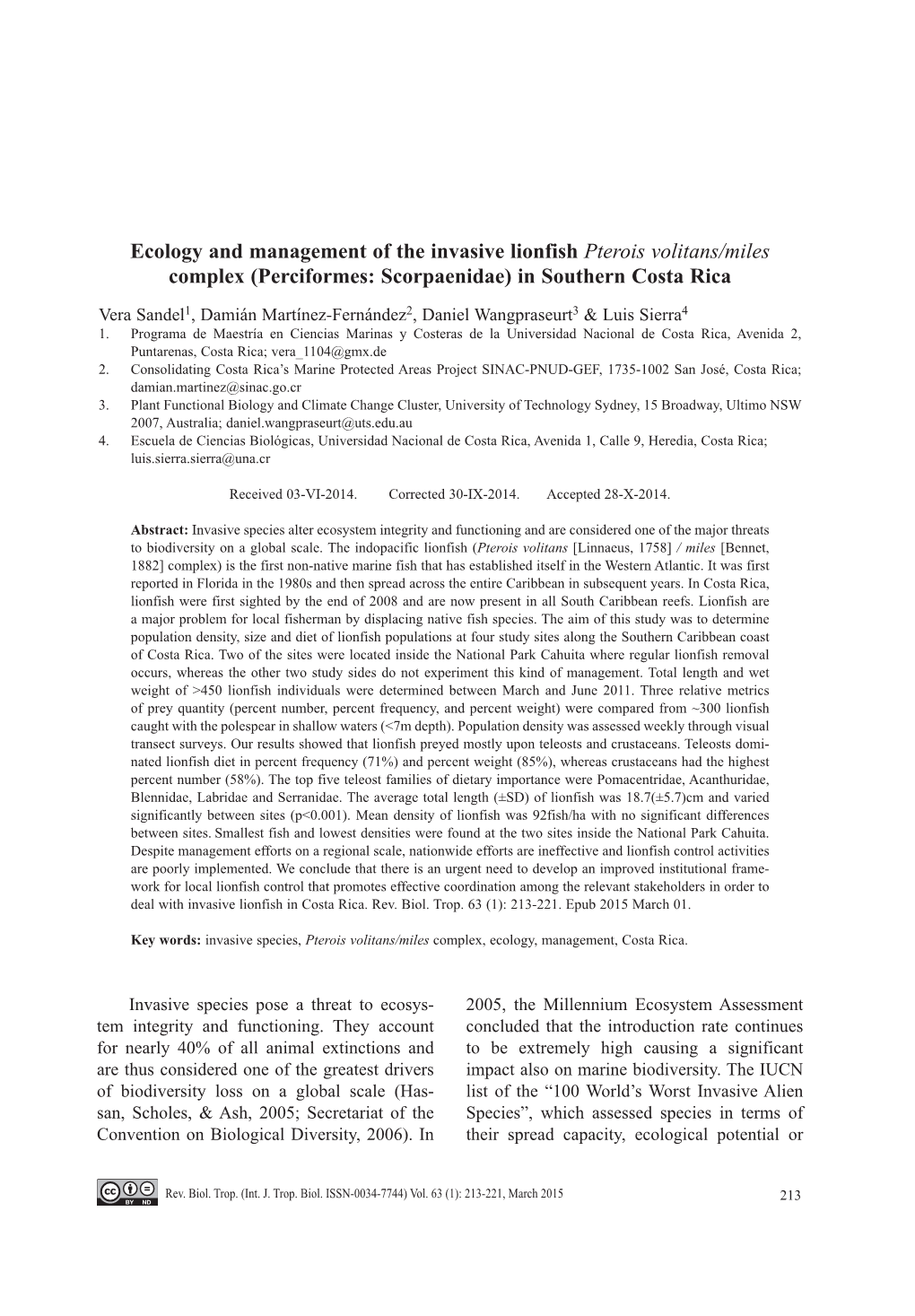 Ecology and Management of the Invasive Lionfish Pterois Volitans/Miles Complex (Perciformes: Scorpaenidae) in Southern Costa Rica