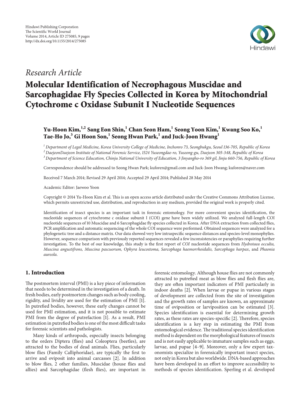 Molecular Identification of Necrophagous Muscidae and Sarcophagidae Fly Species Collected in Korea by Mitochondrial Cytochrome C Oxidase Subunit I Nucleotide Sequences