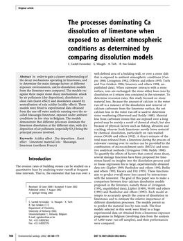 The Processes Dominating Ca Dissolution of Limestone When Exposed to Ambient Atmospheric Conditions As Determined by Comparing Dissolution Models C