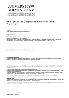 University of Birmingham the Text of the Gospel and Letters of John