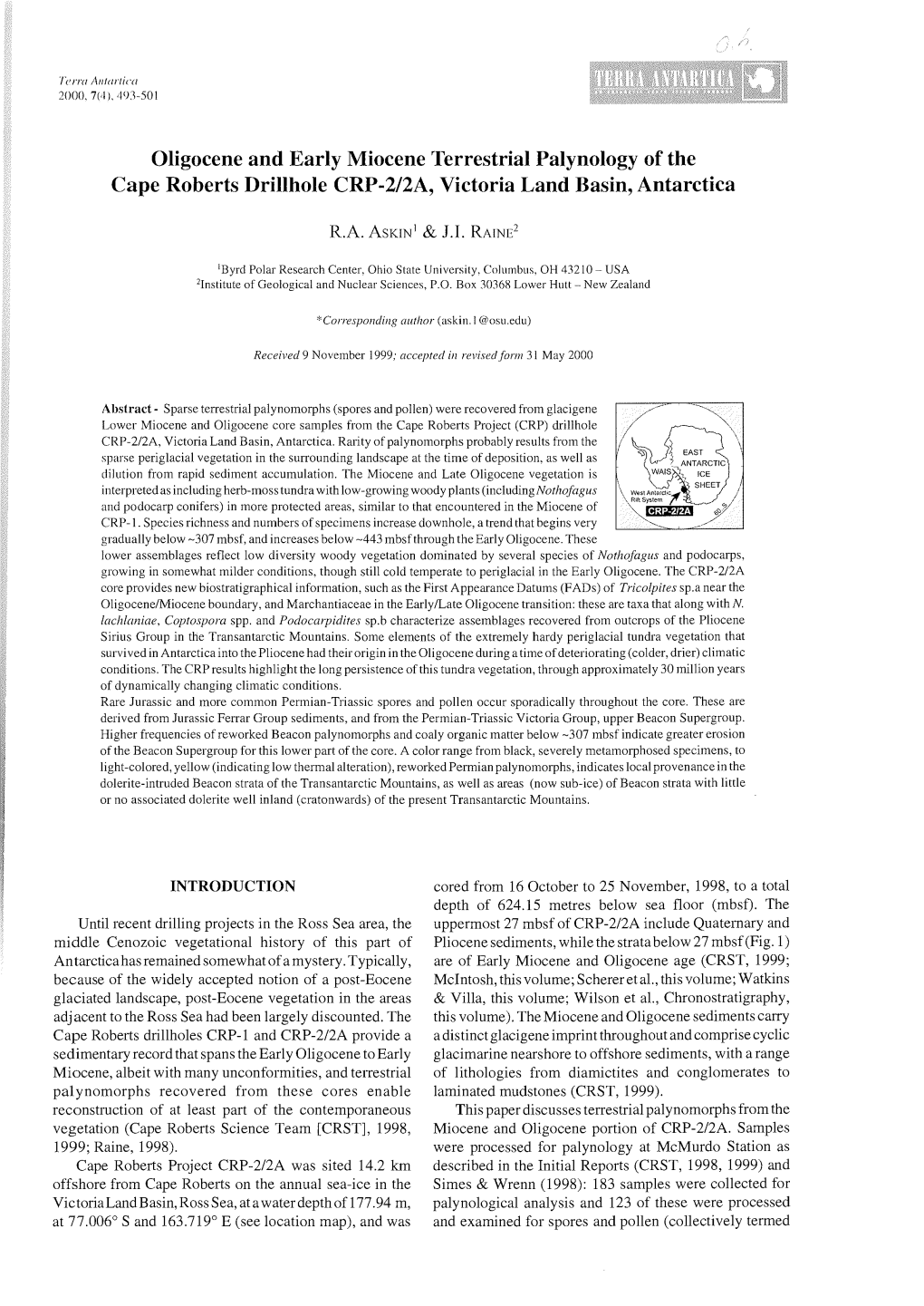 Oligocene and Early Miocene Terrestrial Palynology of the Cape Roberts Drillhole CRP-2/2A, Victoria Land Basin, Antarctica