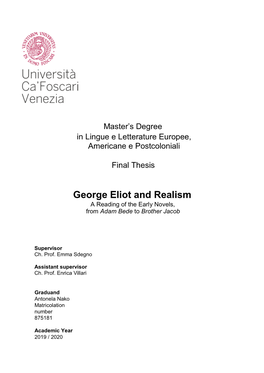 George Eliot and Realism a Reading of the Early Novels, from Adam Bede to Brother Jacob