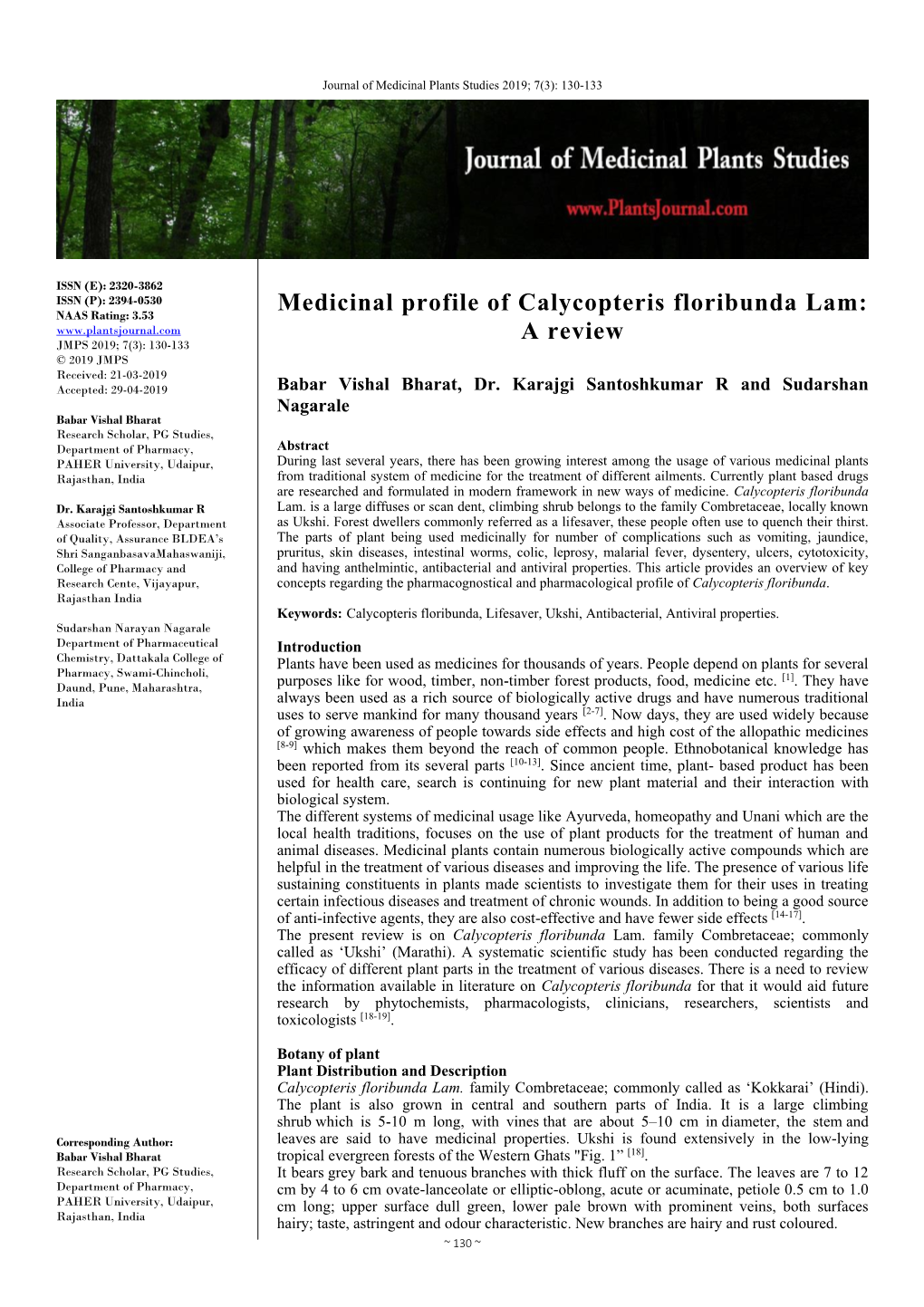 Medicinal Profile of Calycopteris Floribunda Lam: a Review