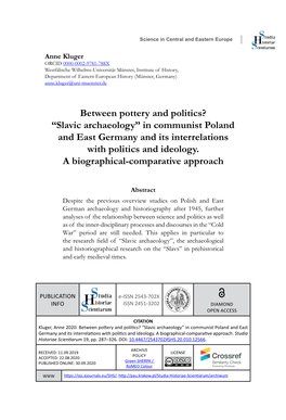 Between Pottery and Politics? “Slavic Archaeology” in Communist Poland and East Germany and Its Interrelations with Politics and Ideology