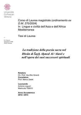 La Tradizione Della Poesia Sacra Nel Dīwān Di Šayḫ Aḥmed Al-'Alawī E