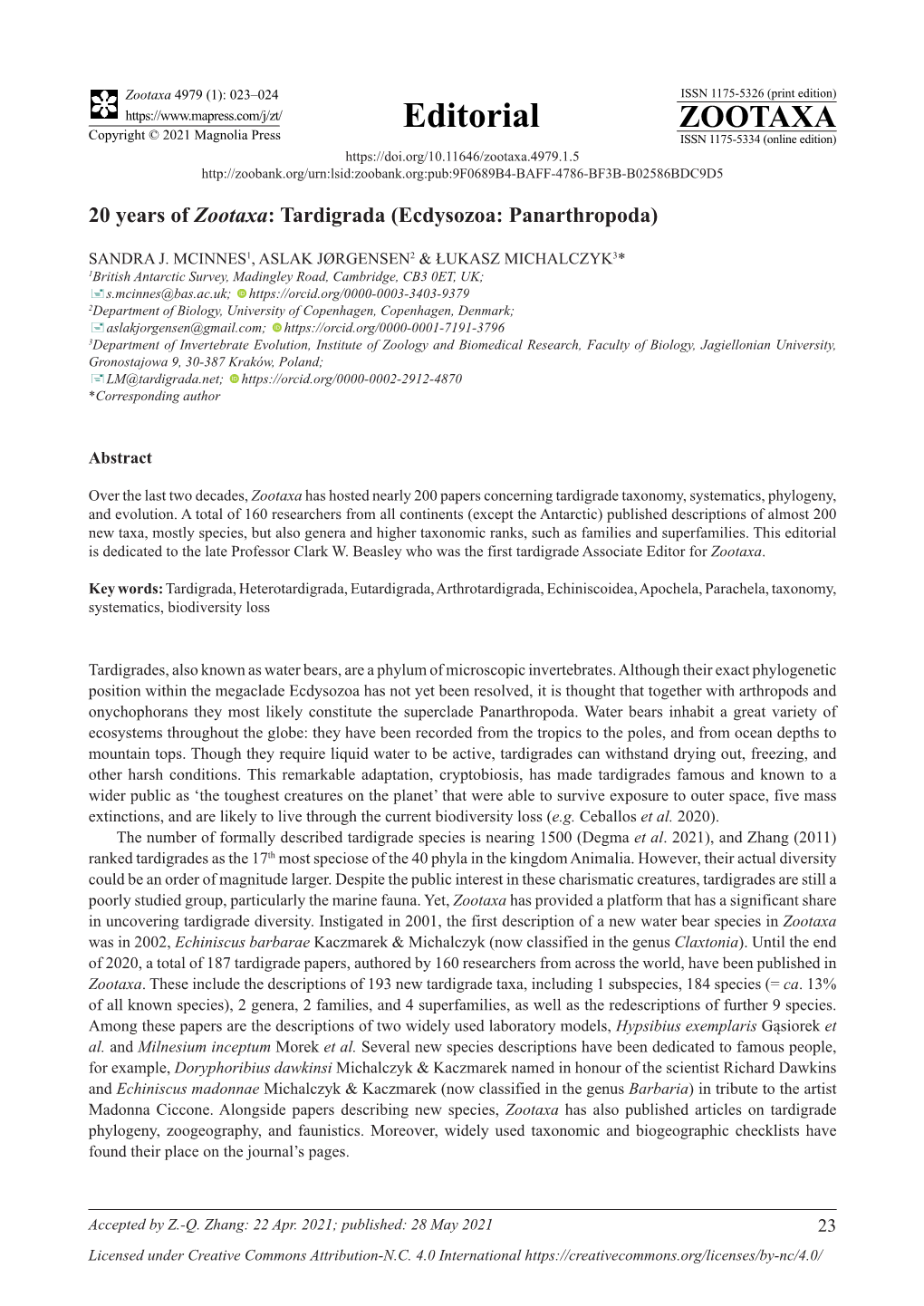 20 Years of Zootaxa: Tardigrada (Ecdysozoa: Panarthropoda)