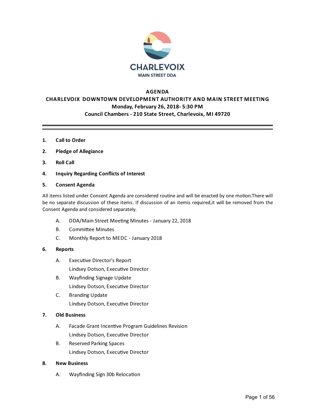 AGENDA CHARLEVOIX DOWNTOWN DEVELOPMENT AUTHORITY and MAIN STREET MEETING Monday, February 26, 2018- 5:30 PM Council Chambers - 210 State Street, Charlevoix, MI 49720