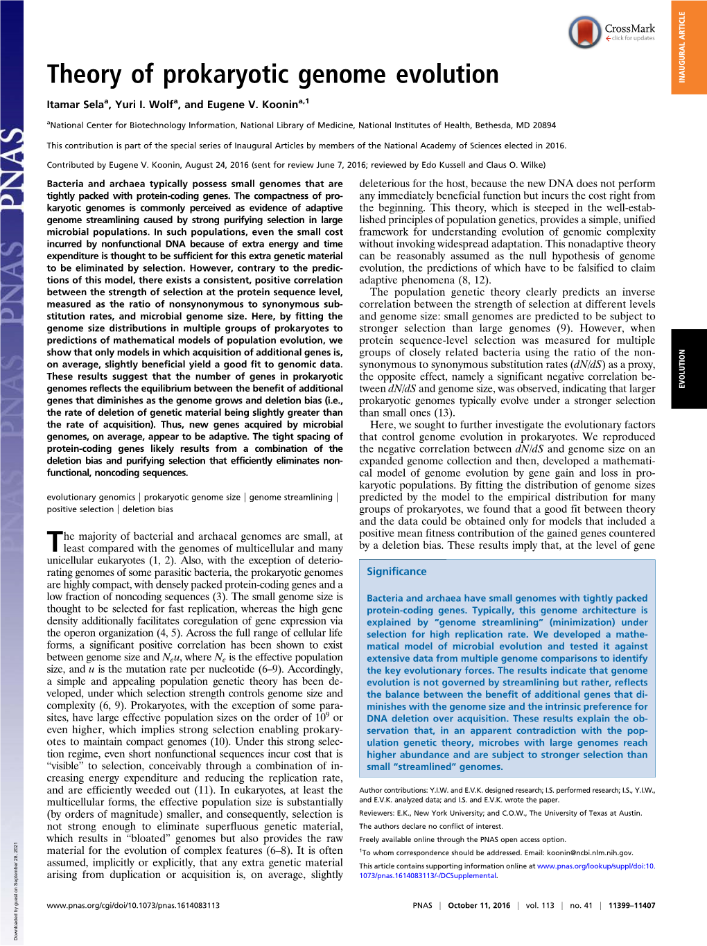 Theory of Prokaryotic Genome Evolution INAUGURAL ARTICLE