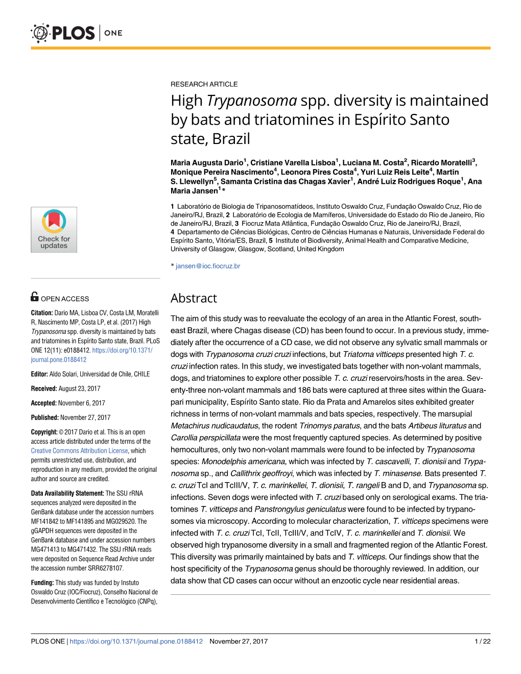 High Trypanosoma Spp. Diversity Is Maintained by Bats and Triatomines in Espı´Rito Santo State, Brazil