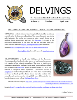 Volume 73 Number 4 April 2020 TWO RARE and OBSCURE MINERALS