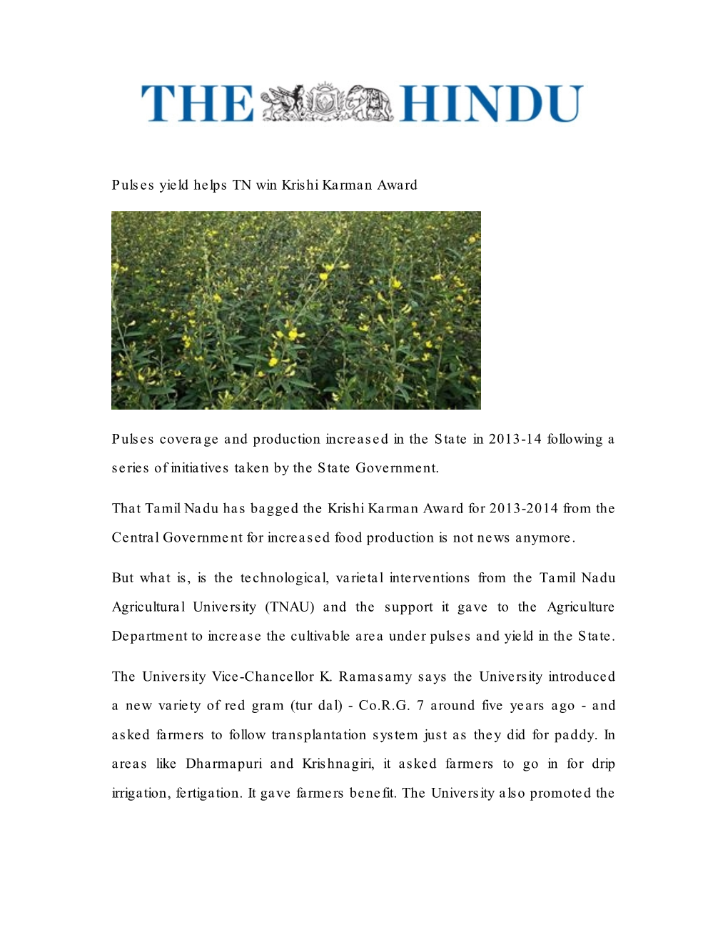 Pulses Yield Helps TN Win Krishi Karman Award Pulses Coverage