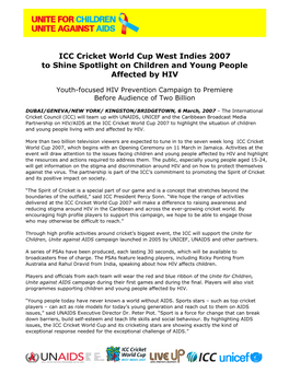 ICC Cricket World Cup West Indies 2007 to Shine Spotlight on Children and Young People Affected by HIV