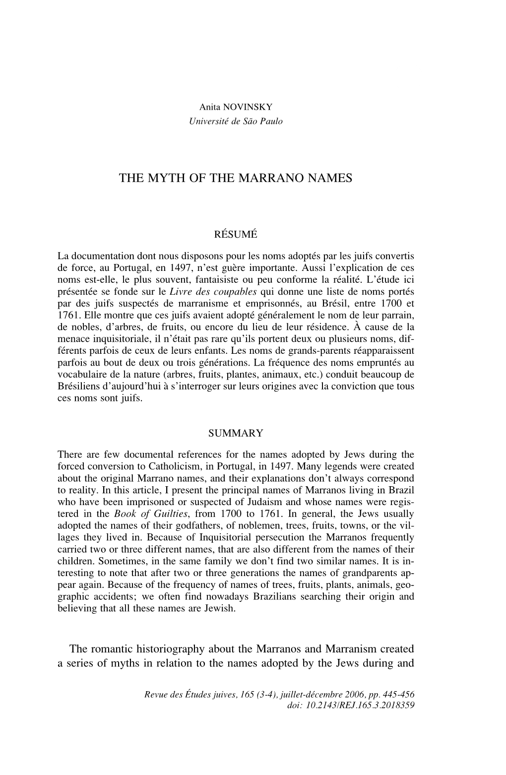 The Myth of the Marrano Names 445