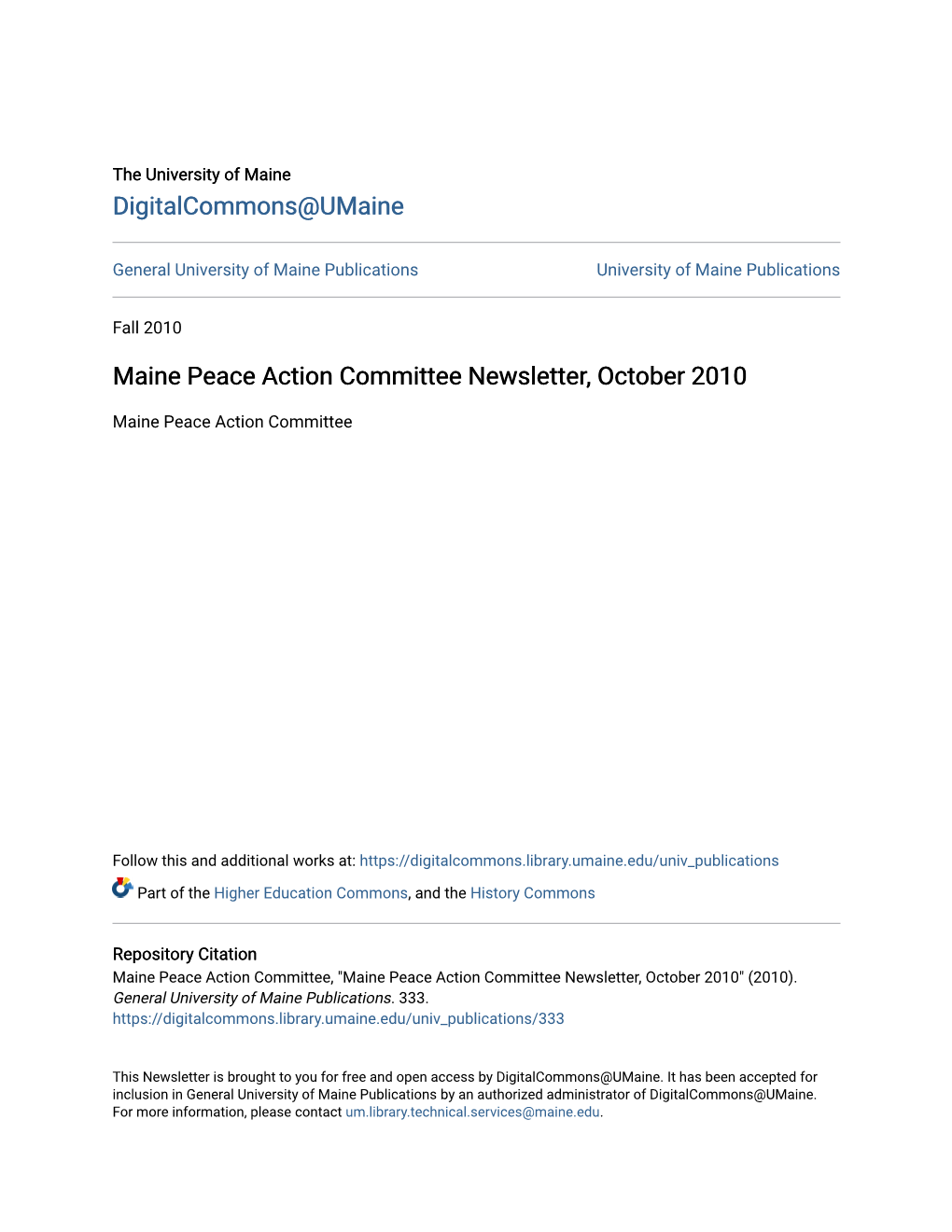 Maine Peace Action Committee Newsletter, October 2010