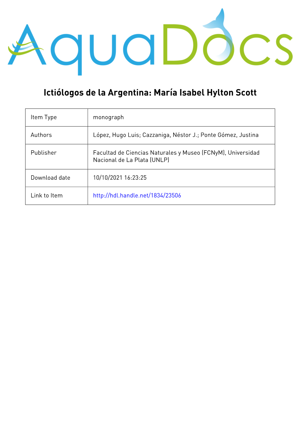 Ictiólogos De La Argentina María Isabel Hylton Scott