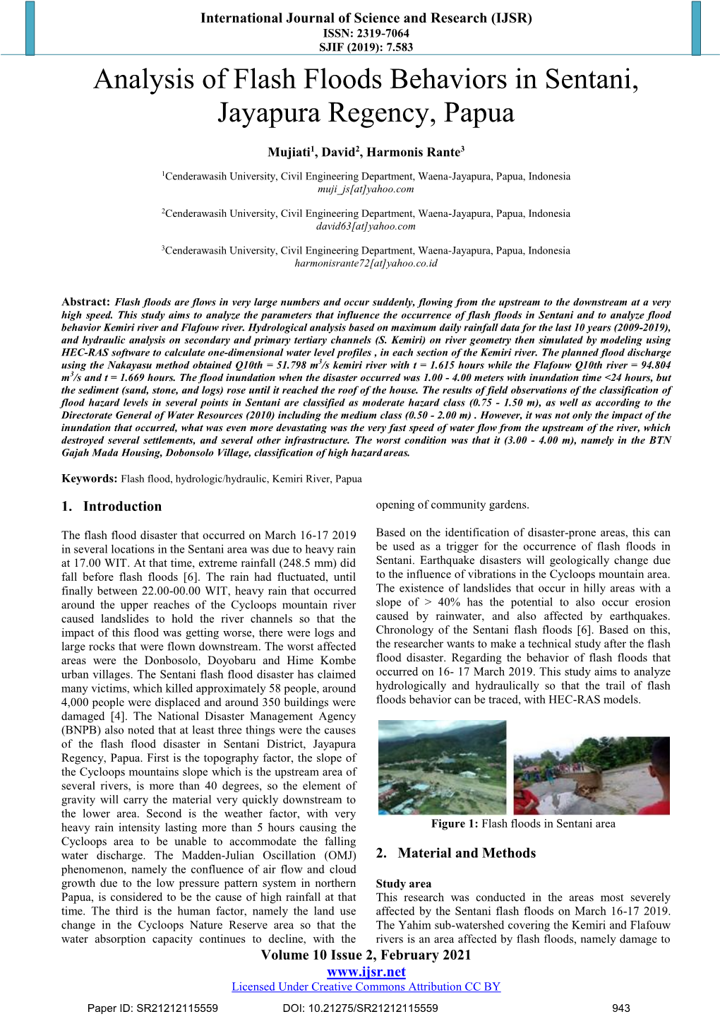 Analysis of Flash Floods Behaviors in Sentani, Jayapura Regency, Papua