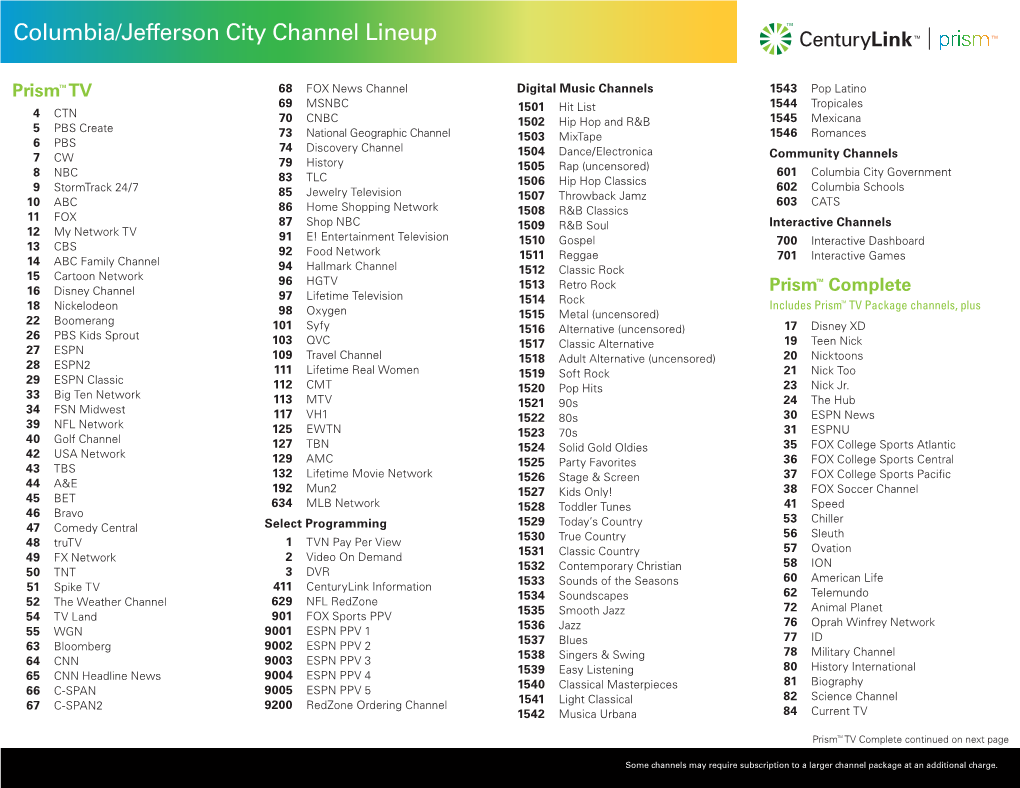 Columbia/Jefferson City Channel Lineup