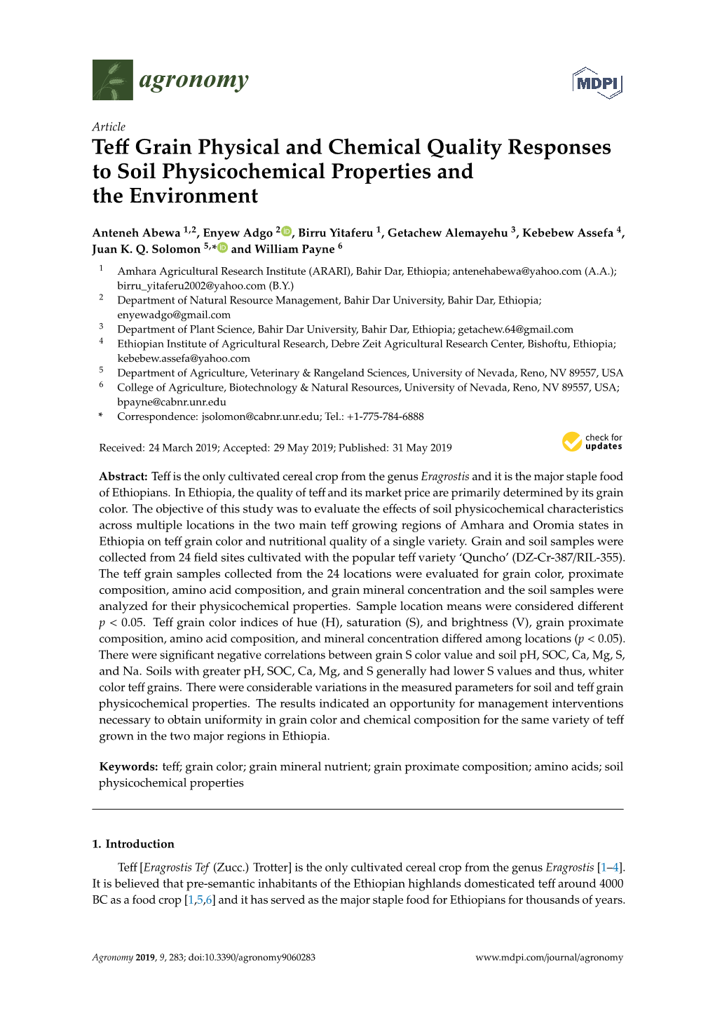 Teff Grain Physical and Chemical Quality Responses to Soil