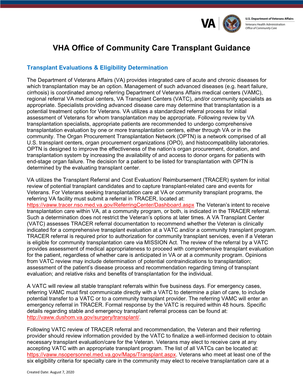 VHA Office of Community Care Transplant Guidance