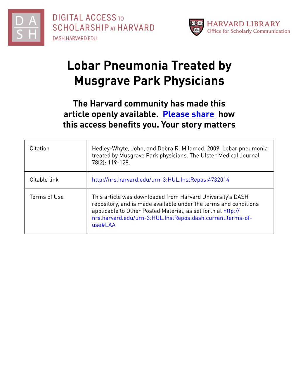 Lobar Pneumonia Treated by Musgrave Park Physicians