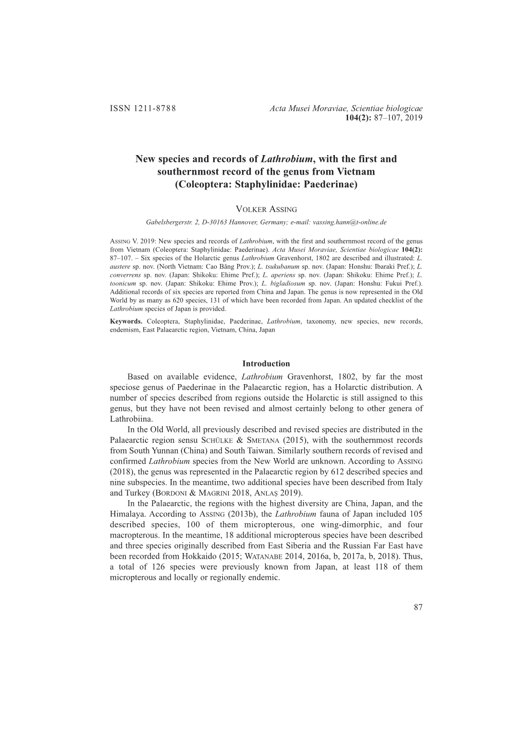 New Species and Records of Lathrobium, with the First and Southernmost Record of the Genus from Vietnam (Coleoptera: Staphylinidae: Paederinae)