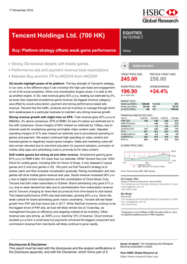 Tencent Holdings Ltd. (700 HK) INTERNET 