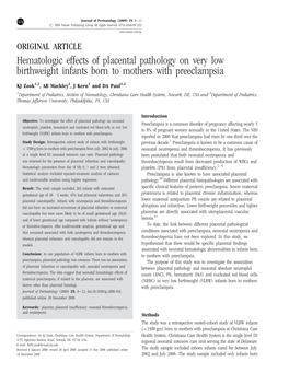 Hematologic Effects of Placental Pathology on Very Low Birthweight Infants Born to Mothers with Preeclampsia