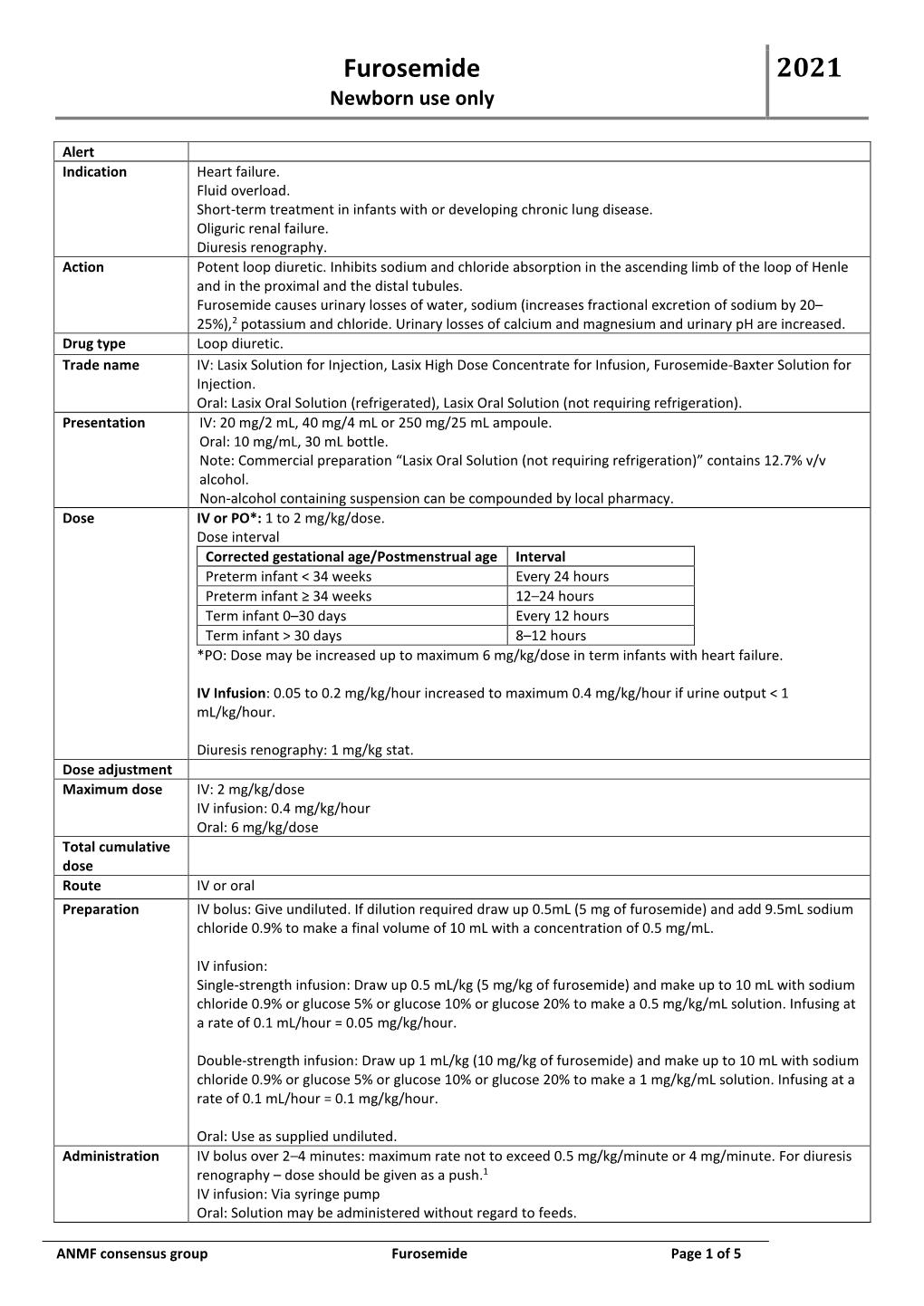 Furosemide 2021 Newborn Use Only