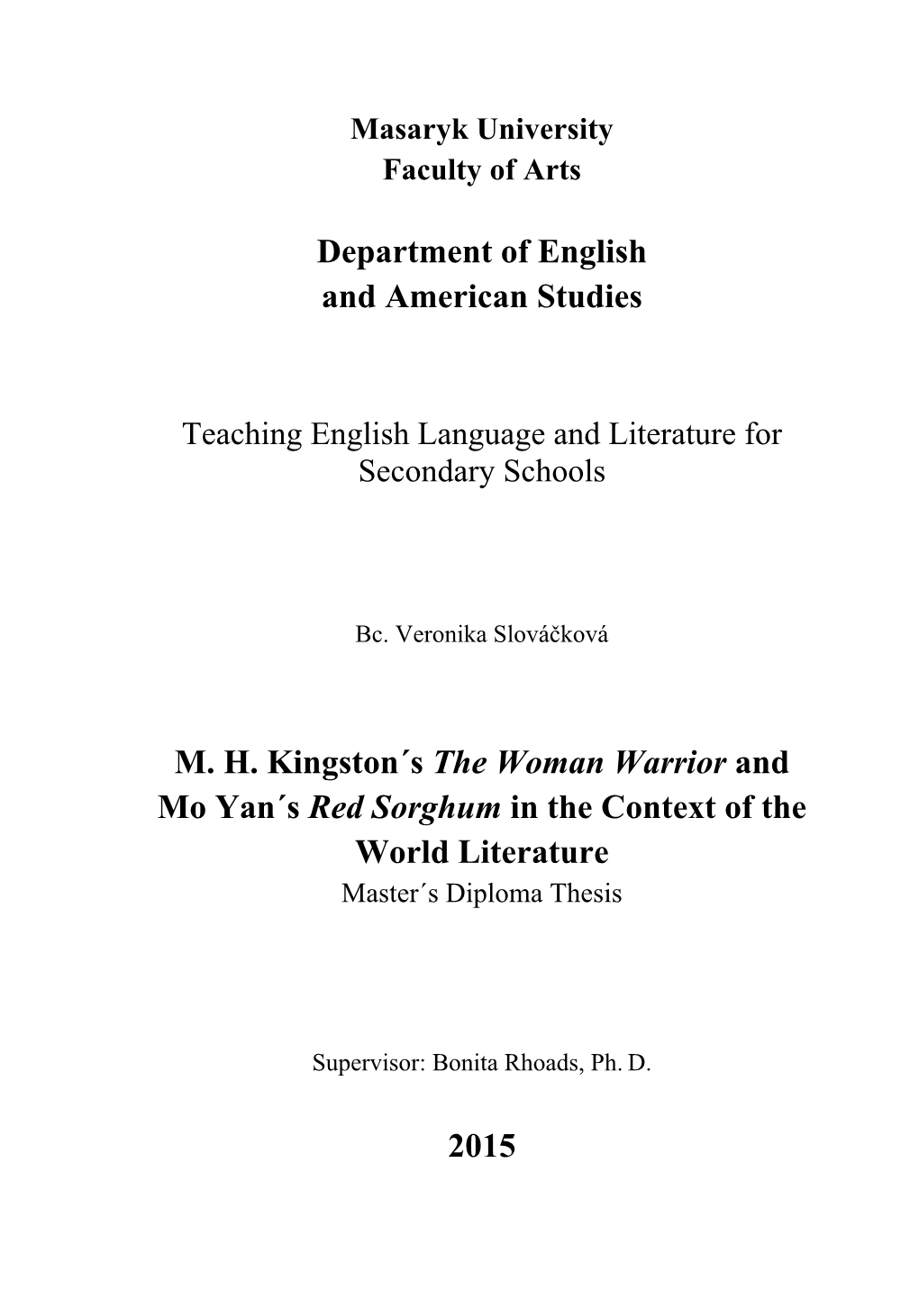 Department of English and American Studies M. H. Kingston´S The