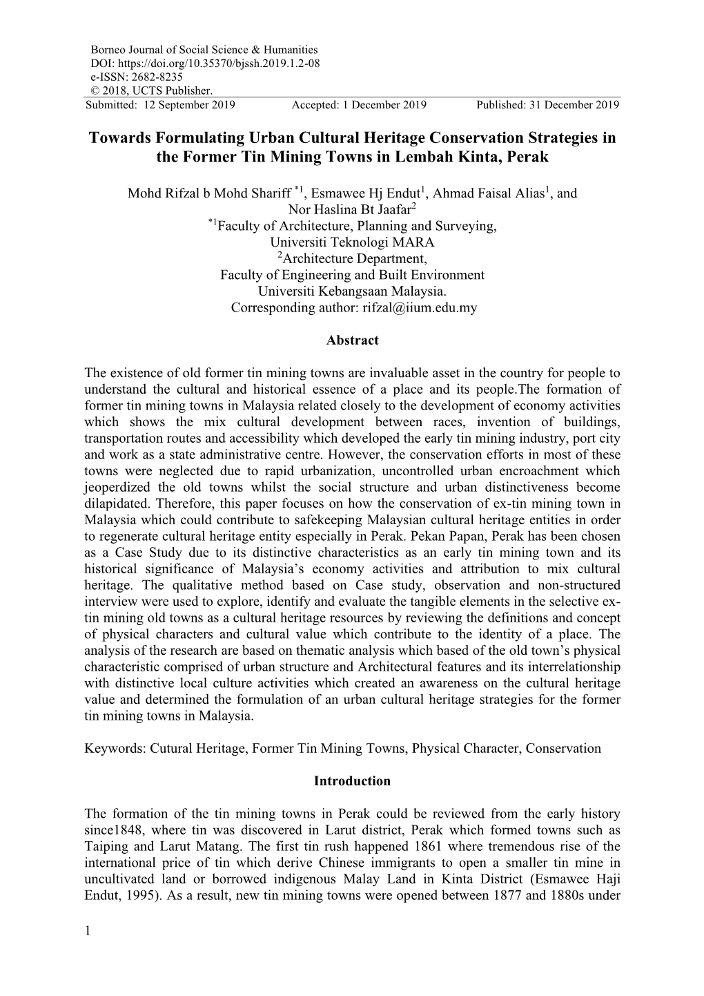 Towards Formulating Urban Cultural Heritage Conservation Strategies in the Former Tin Mining Towns in Lembah Kinta, Perak