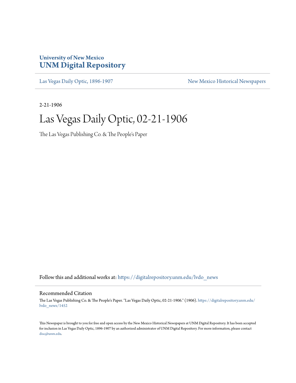 Las Vegas Daily Optic, 02-21-1906 the Las Vegas Publishing Co