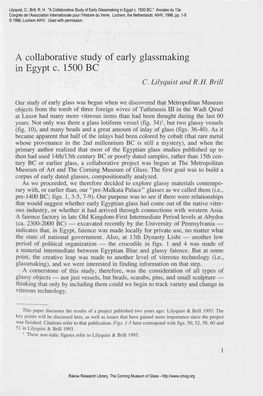 "A Collaborative Study of Early Glassmaking in Egypt C. 1500 BC." Annales Du 13E Congrès De L’Association Internationale Pour L’Histoire Du Verre