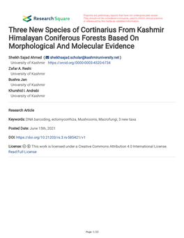 Three New Species of Cortinarius from Kashmir Himalayan Coniferous Forests Based on Morphological and Molecular Evidence