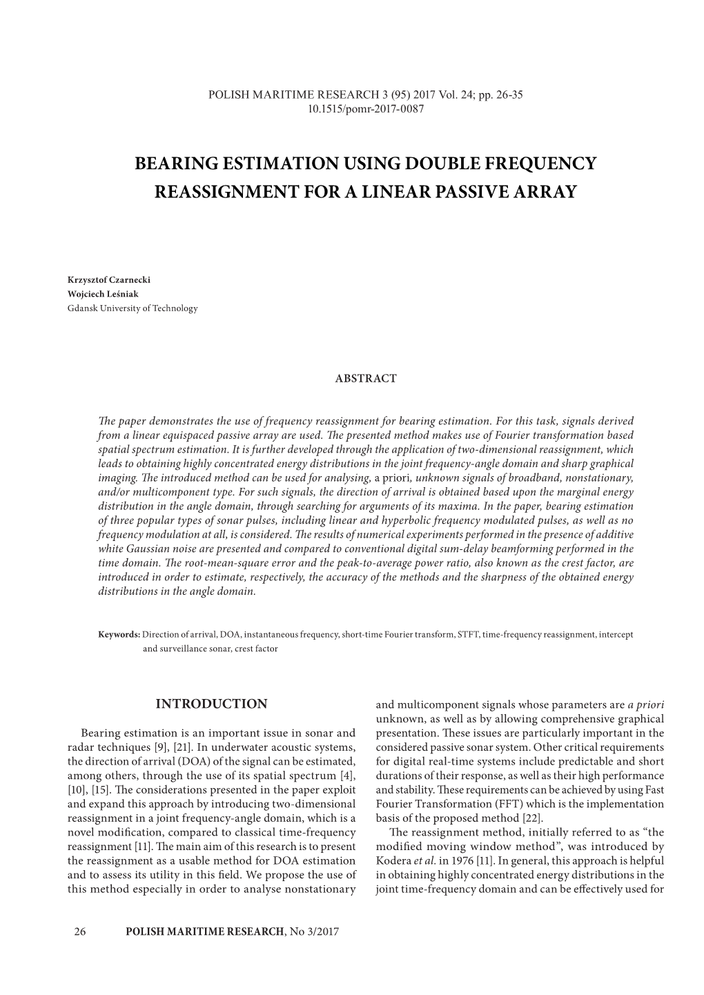 Bearing Estimation Using Double Frequency Reassignment for a Linear Passive Array