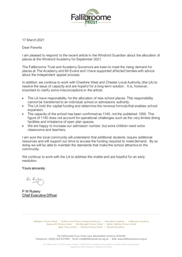 17 March 2021 Dear Parents I Am Pleased to Respond to the Recent Article in the Winsford Guardian About the Allocation of Places