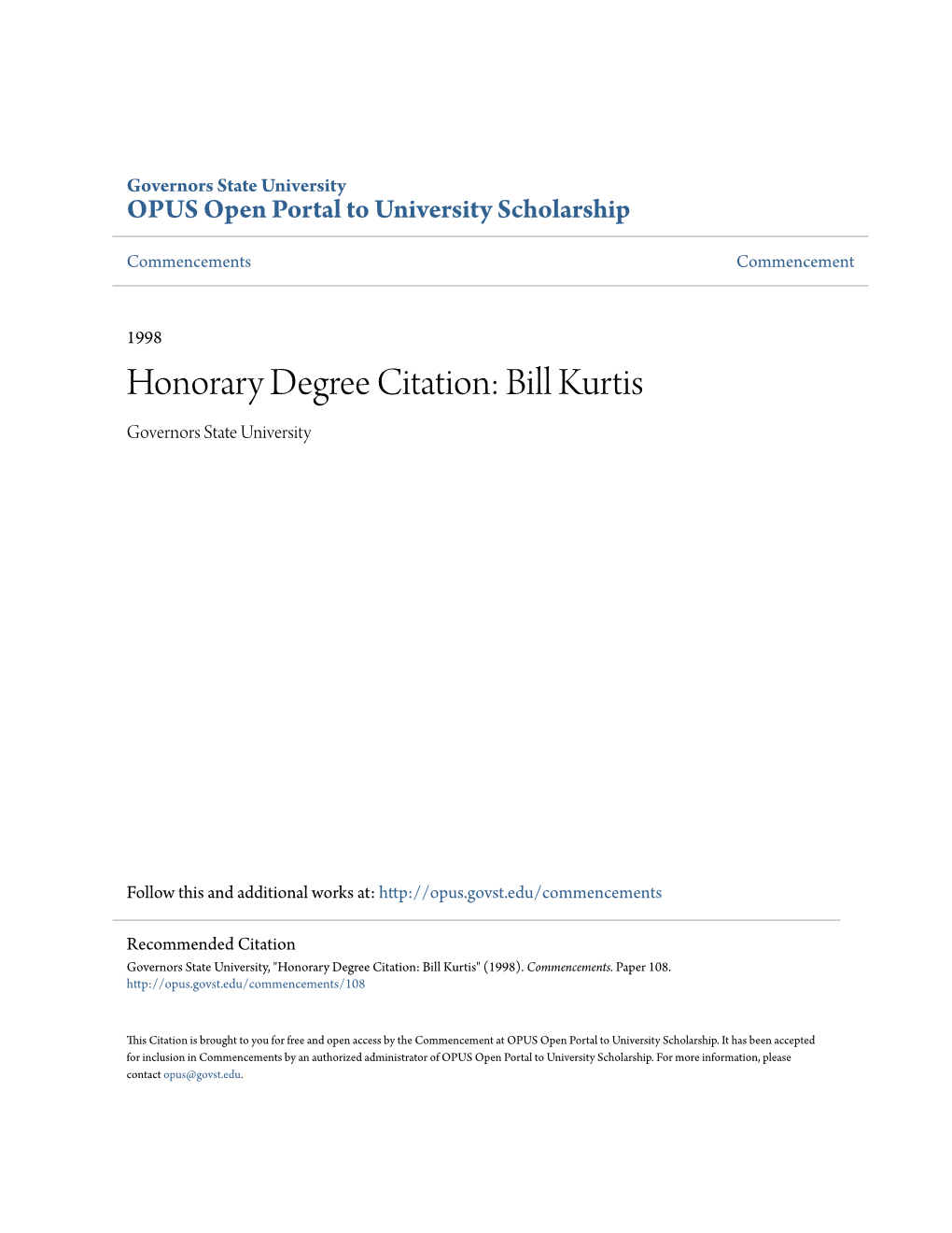 Honorary Degree Citation: Bill Kurtis Governors State University