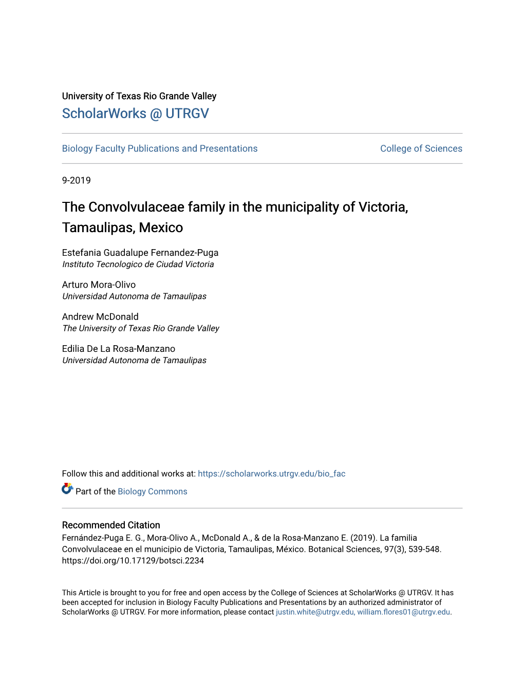 The Convolvulaceae Family in the Municipality of Victoria, Tamaulipas, Mexico