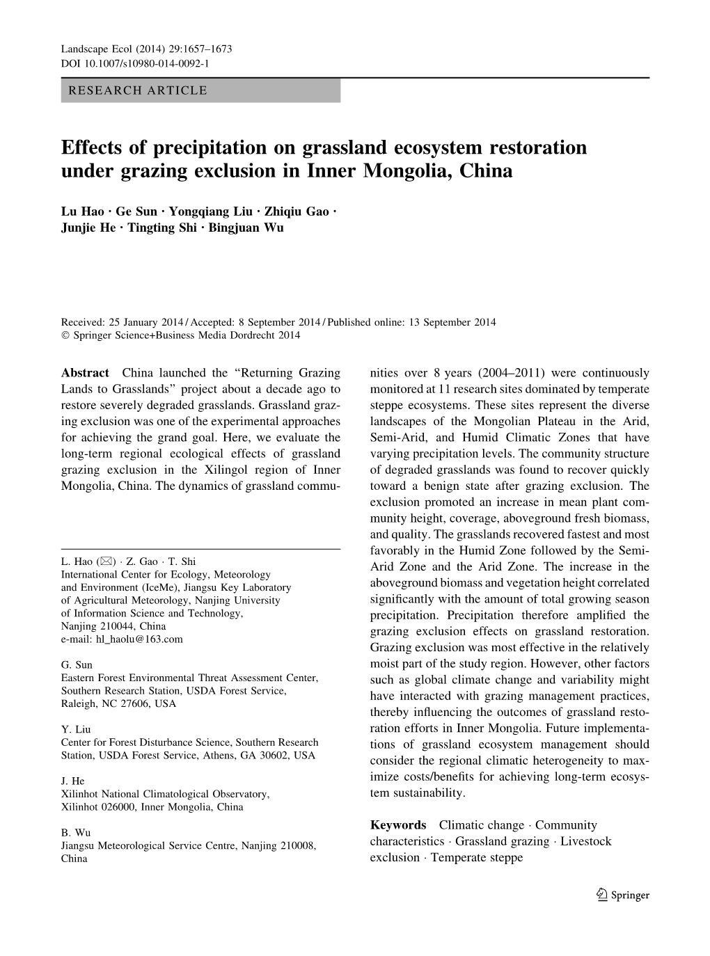 Effects of Precipitation on Grassland Ecosystem Restoration Under Grazing Exclusion in Inner Mongolia, China