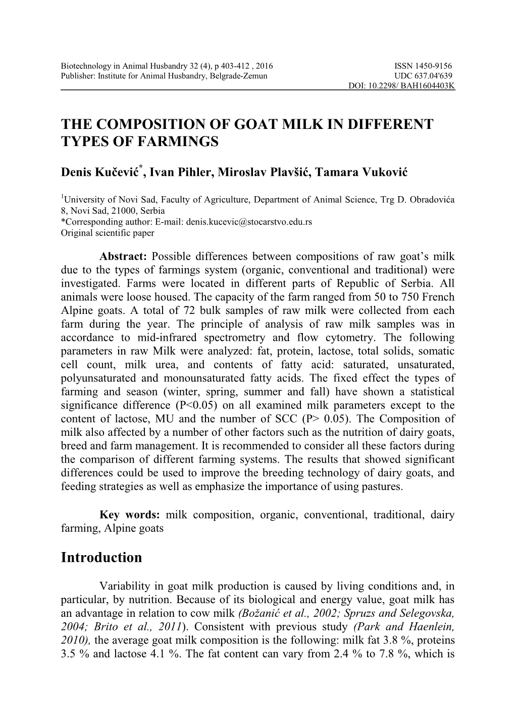 The Composition of Goat Milk in Different Types of Farmings